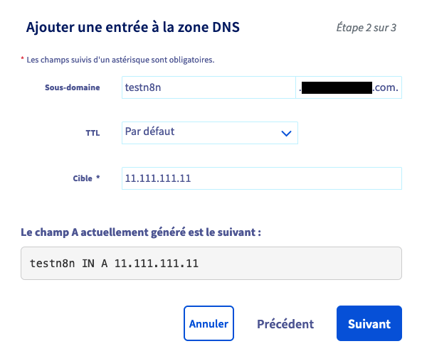 Une entrée DNS de type A pour rediriger un sous-domaine