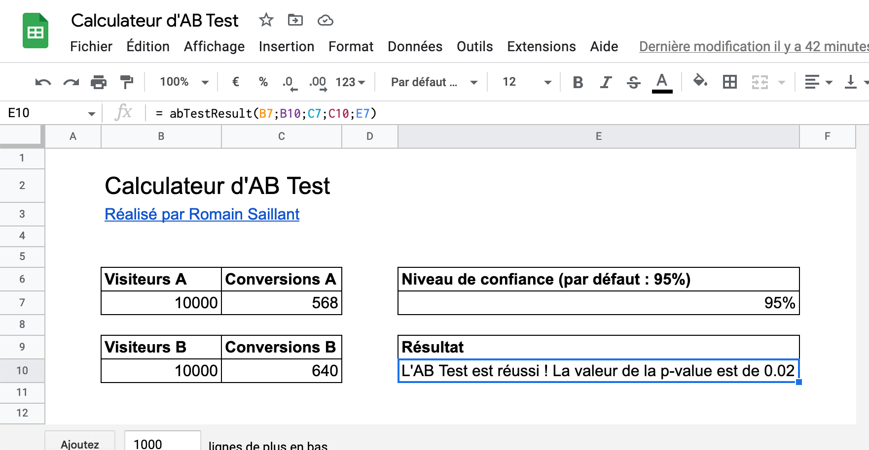 Calculateur d'AB Test sur Google Sheets